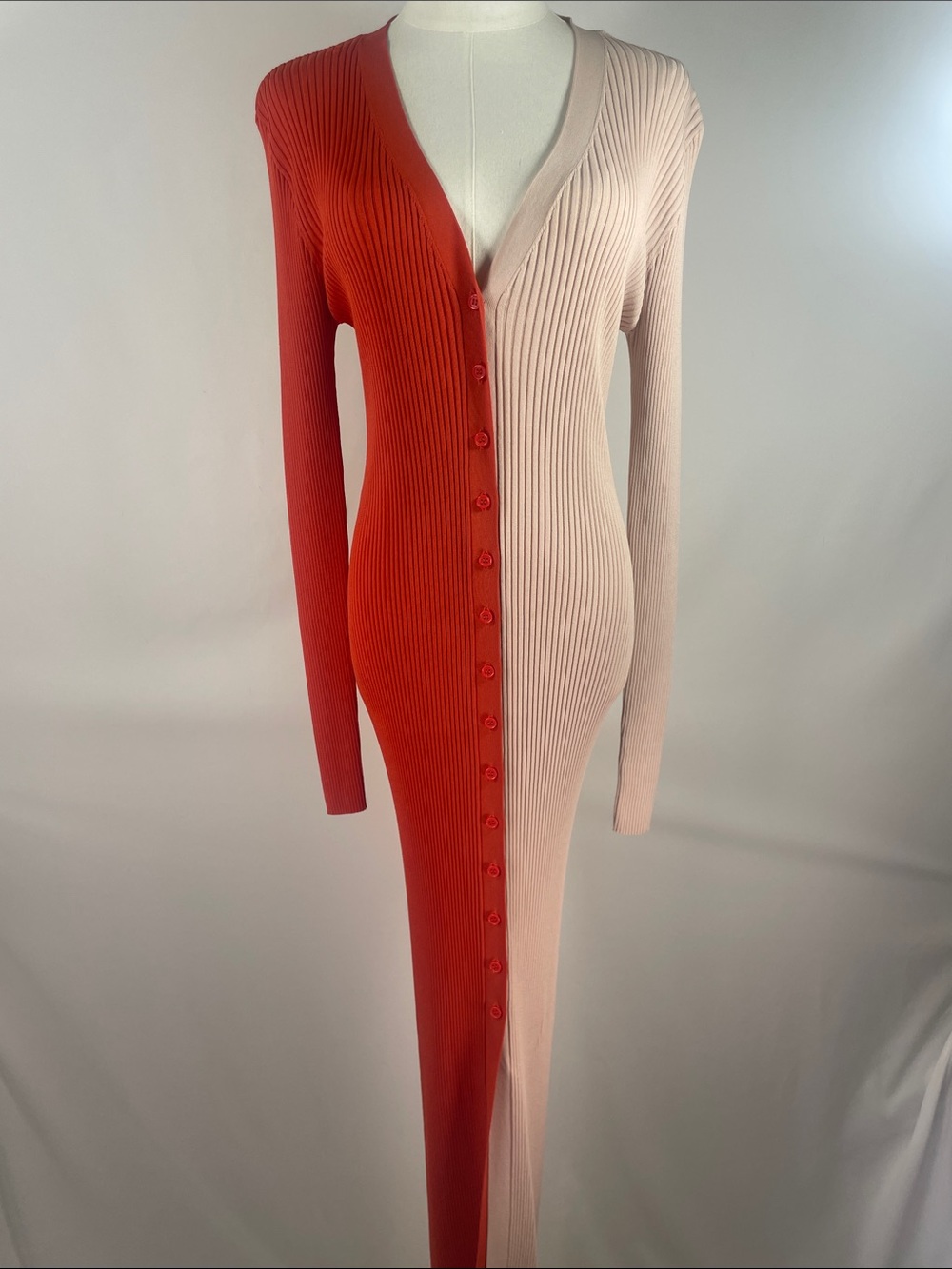 STAUD Shoko Two-Tone Red and Peach Colorblock Sweater Midi Dress Size S